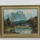 Hochgebirgslandschaft mit Bauernhof an See signiert E. Groger Olgemalde ~1960/70