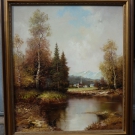 Ölgemälde Landschaft mit Dorf und Gewässer signiert