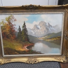 Original Ölgemälde/Kunstmaler Lonner/Signiert/auf Leinwand/Alpensee/Prunkrahmen