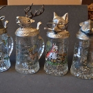 Bierkrugset 4 Bierkrüge Glas mit Zinndeckel, Tiere des Waldes beer mug stein