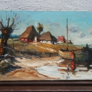 JÜRGEN RUNGE  (1929 Stettin-1992 Cismar) "RUHENDE BOOTE VOR KATEN" sign. Ölgem.