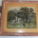 Ancien grand tableau soie tissée couleur encadrée sous verre DIANE CHASSERESSE 