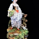 ANTIQUE VION & BAURY PARIS PORCELAIN HAND PAINTED LADY & DOG FIGURINE 1870's