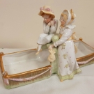 Antique Amphora Austrian Porcelain Tray Basket Boy & Girl Figures. Pink Swags