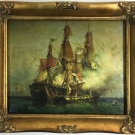 English School OIL on Canvas C20th Sailing Ships at War Nautical Gilt Frame